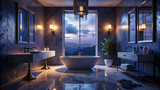 Chic bathroom with a freestanding bathtub, vanity with double sinks, and marble accents