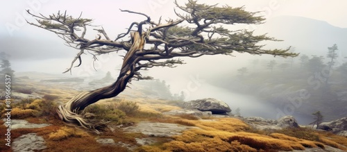 Dead pine tree in natural mountain landscape with foggy weather