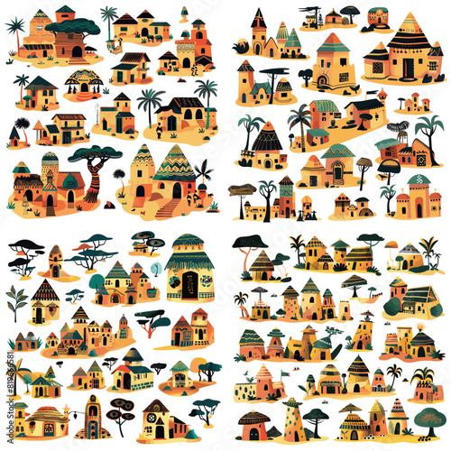 African tribal village with traditional round huts, thatched roofs, earthy tones, palm trees, and desert landscapes, reflecting indigenous culture and rural architecture