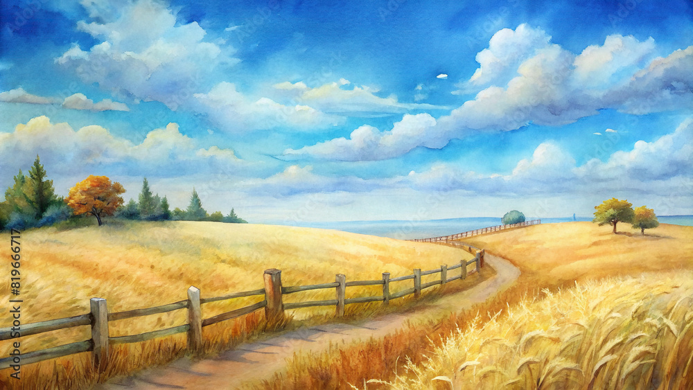 A peaceful rural landscape with a rustic wooden fence winding its way through a field of golden wheat, under a vast expanse of clear blue sky dotted with fluffy white clouds