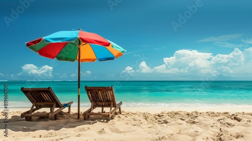 Serene beach with umbrella and chairs facing the sea  embodying relaxation.