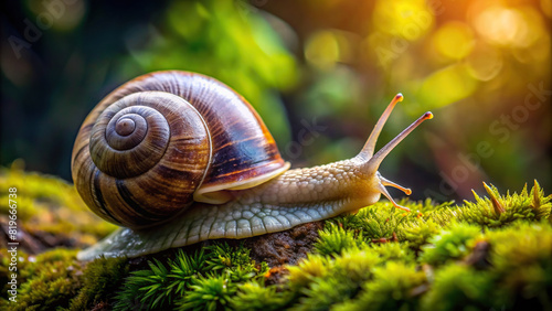 A close-up of a snail slowly making its way across a moss-covered stone, its spiral shell intricately textured and gleaming with moisture. © prasit