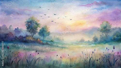 Soft pastel hues blend harmoniously in this watercolor painting of a meadow kissed by the first light of dawn, with birdsong filling the air.