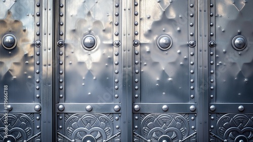 Detailed view of a decorative metal door featuring rivets and floral patterns, illuminated by daylight