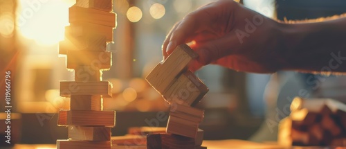 A closeup of a hand carefully pulling a wooden block from a teetering tower of wooden blocks, with a soft background and warm sunlight filtering through photo
