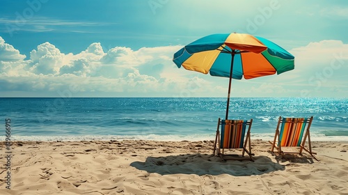 Vibrant beach scene with umbrella  2 chairs facing the sea  epitome of relaxation.