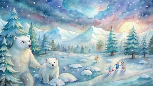 A whimsical watercolor illustration of a meadow blanketed in snow, with a family of polar bears playing joyfully amidst the frosty landscape. photo