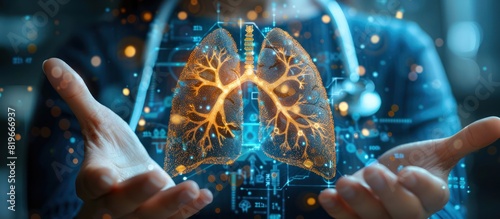 Doctor holding and diagnosing virtual Human Lungs, Healthcare services inside modern interface screen on Medical Innovation and technology background