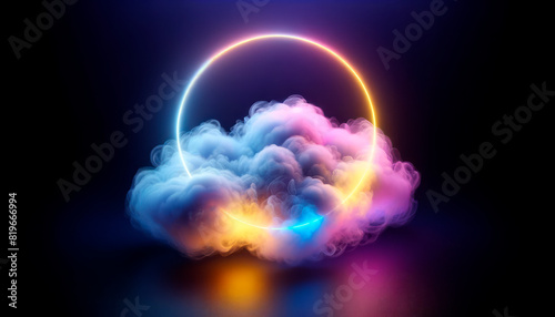 A neon circle glowing above a cloud formation on dark background, concept of futuristic design. Generative AI