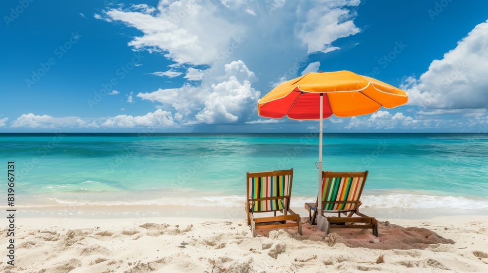 Beach scene with colorful umbrella, two chairs facing the sea, epitomizes relaxation.