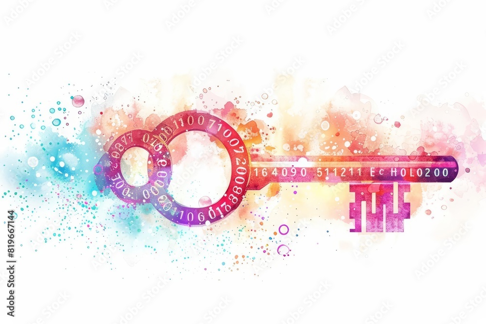 A cute watercolor clipart of a key with binary code integrated into its ...