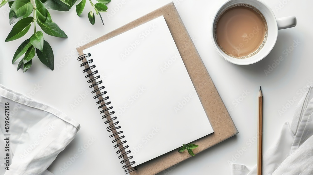 Spiral notebook mockup on a clean white desk with a pencil and coffee cup, isolated for cover design and brand presentation, ideal for stationery marketing,