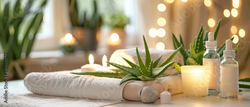 Spa setting with aloe vera leaves, essential oils, and candles on a soft white towel, creating a calming and rejuvenating atmosphere,