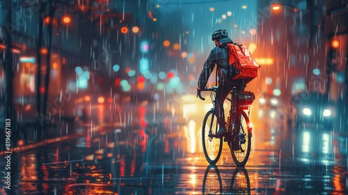a courier from a delivery service riding a bicycle along a city street in the evening or at night in the rain: © Photolife  
