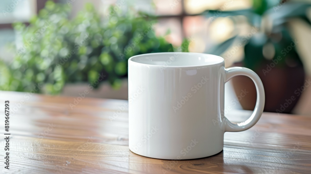 White ceramic mug on an office desk, isolated background, with copy space, White ceramic mug on an office desk, isolated background, with copy space,