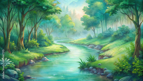 An idyllic scene of a meandering stream flowing gently through a verdant forest  with vibrant foliage reflected in its crystal-clear waters