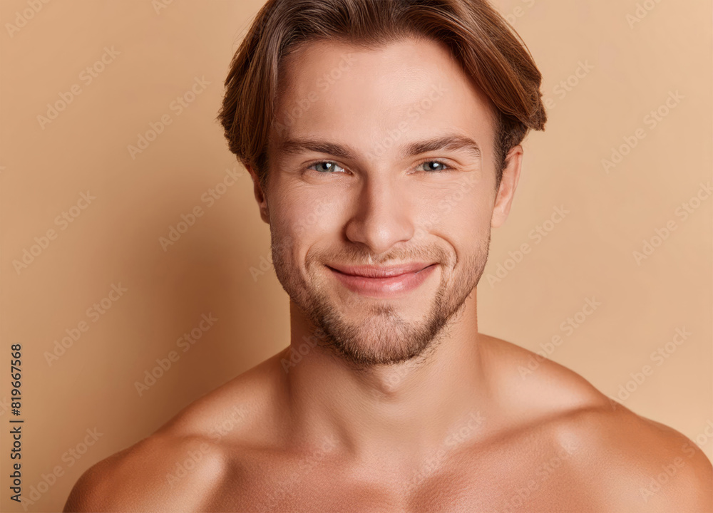 Naklejka premium Good looking smiling man standing in bathroom after shower