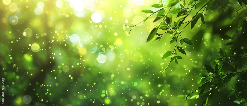 Nature-inspired abstract green background with light bokeh effects and room for text,