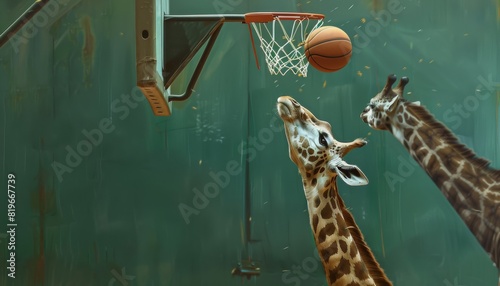 Playful Giraffe Slam Dunking on Tall Basketball Hoop in Savanna Grassland