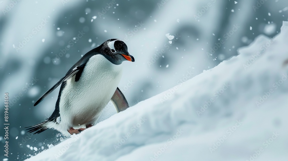 Obraz premium Playful Penguin Enjoying Downhill Skiing Adventure on Snowy Slope
