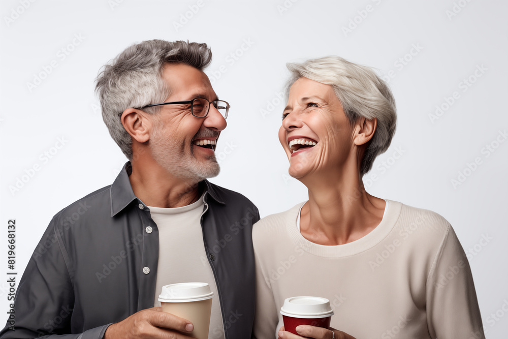 Middle aged couple over isolated white background holding a take away coffee Middle aged couple over isolated white background holding a take away coffee