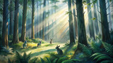 Sunlight filters through the canopy of a dense forest, casting dappled shadows on the forest floor where a family of rabbits plays among the ferns