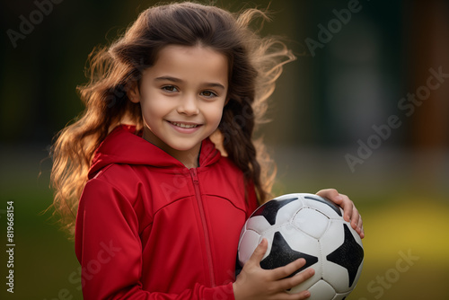 Cute little caucasian girl at outdoors holding soccer ball