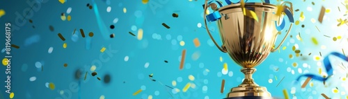 A golden trophy on a pedestal with blue and gold ribbons swirling around it, set against a vibrant blue background with confetti falling photo