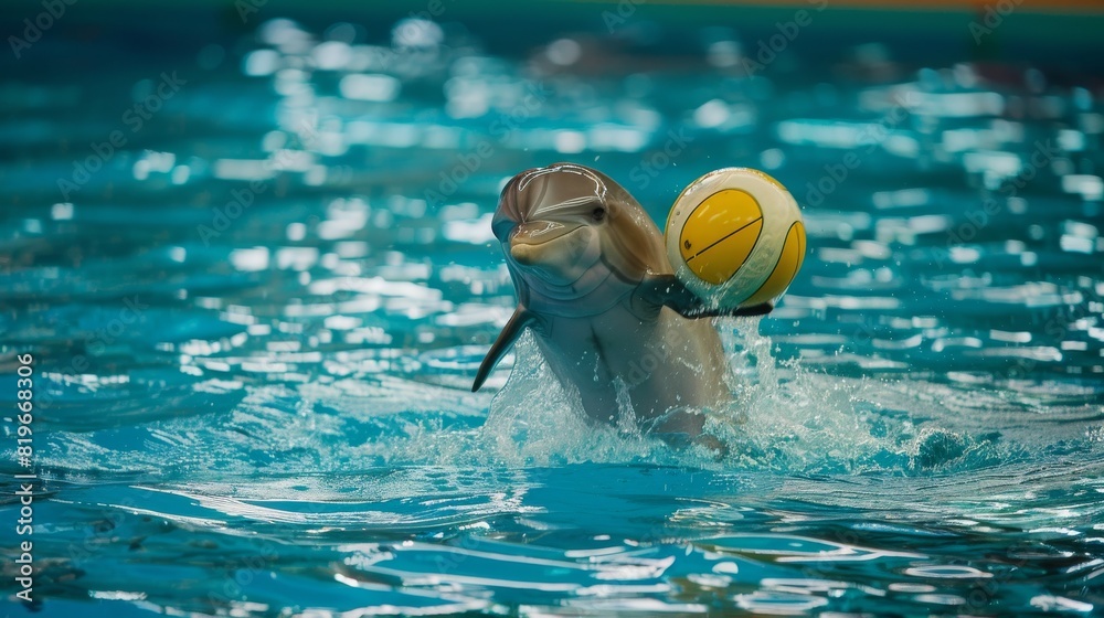 Energetic Dolphin Engaging in Water Polo Fun in Crystal Clear Pool