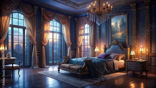 Elegant bedroom interior with luxurious bedding and clear, unobstructed windows