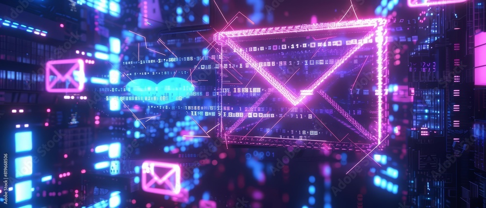 A holographic email icon with intricate, neonlit geometric shapes floating around, set against a hightech, cyberpunk backdrop with neon city lights and digital elements A holographic email icon with intricate, neonlit geometric shapes floating around, set against a hightech, cyberpunk backdrop with neon city lights and digital elements