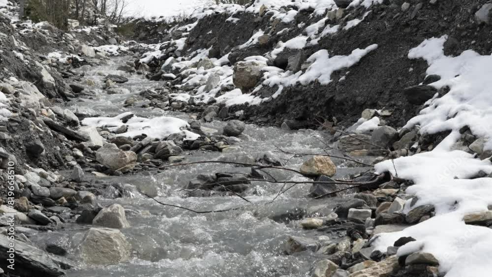 Wild mountain river with cold water and snow Wild mountain river with cold water and snow