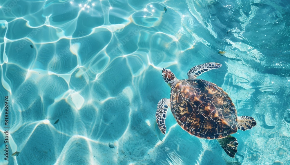 Tranquil Turtle: A peaceful turtle enjoying a swim in a crystal clear blue pool with a snorkel on a sunny day. Tranquil Turtle: A peaceful turtle enjoying a swim in a crystal clear blue pool with a snorkel on a sunny day.