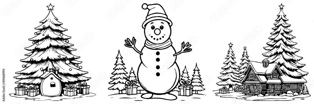 Merry Christmas card design. Black and white drawing. Generated by Ai Merry Christmas card design. Black and white drawing. Generated by Ai