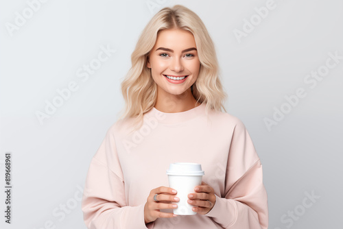 Young pretty blonde girl over isolated white background holding a take away coffee