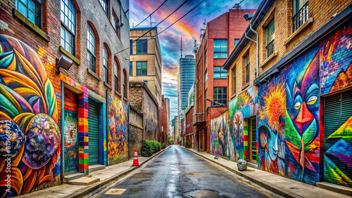 A panoramic view of a city alley filled with striking street art murals, adding character to the urban landscape. © rattinan