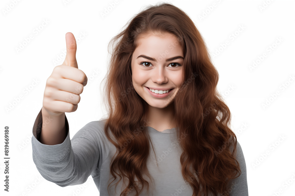 Young pretty brunette girl over isolated white background with thumb up Young pretty brunette girl over isolated white background with thumb up