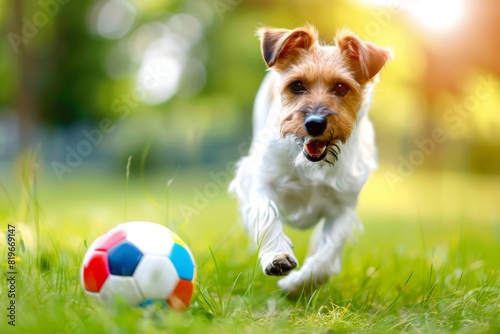 Happy Dog Playing Soccer with Colorful Ball on Sunny Field