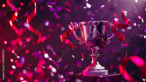 A silver trophy on a crystal pedestal with red and silver ribbons swirling around it, set against a deep purple background with holographic confetti falling