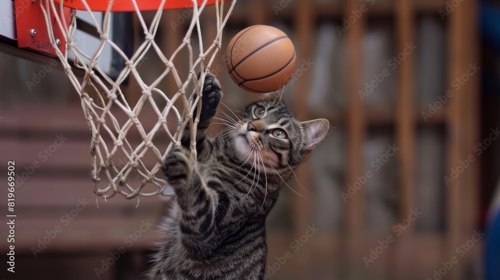 Playful Cat Shooting Hoops - Adorable feline having fun playing basketball with a mini hoop and ball indoors.