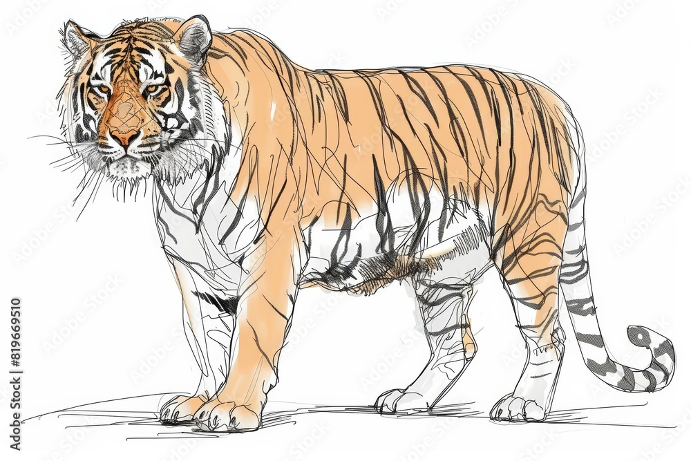 Obraz premium A sketch illustration of a tiger on a white background, capturing the elegance and power of the animal with detailed line work and shading