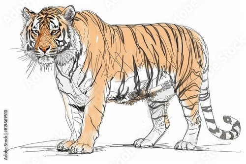 A sketch illustration of a tiger on a white background  capturing the elegance and power of the animal with detailed line work and shading