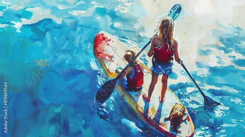 A watercolor postcard depicting a girl and a teenage girl in life jackets with a paddle and a dog floating on a surfboard on the sea against the background of a summer sky. The concept of relaxing