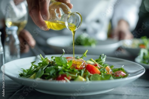 A waiter drizzling a light vinaigrette over a salad at the table capturing the motion and the care taken in the final touch