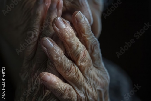 An elderly woman hand as she tries to alleviate pain by massaging her fingers photo