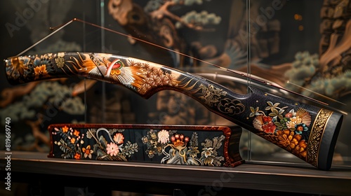 Exquisitely Crafted Traditional Japanese Bow with Intricate Floral and Fauna Motifs on Wooden Display photo