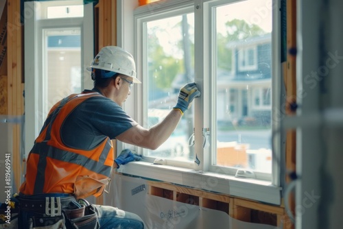 A construction worker outlining a bay window with sealing foam tape to prevent drafts in a modern home setting