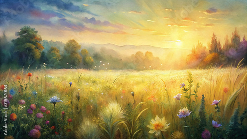 A serene meadow bathed in golden sunlight, with wildflowers swaying gently in the breeze.