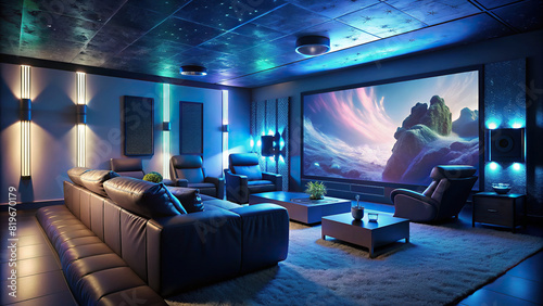 Luxe home theater room with leather recliners, a projector screen, and ambient LED lighting for an immersive cinematic experience. © wasana