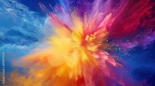 Abstract patterns of colorful powder exploding into the air  forming a kaleidoscope of hues against a backdrop of radiant sunshine. 